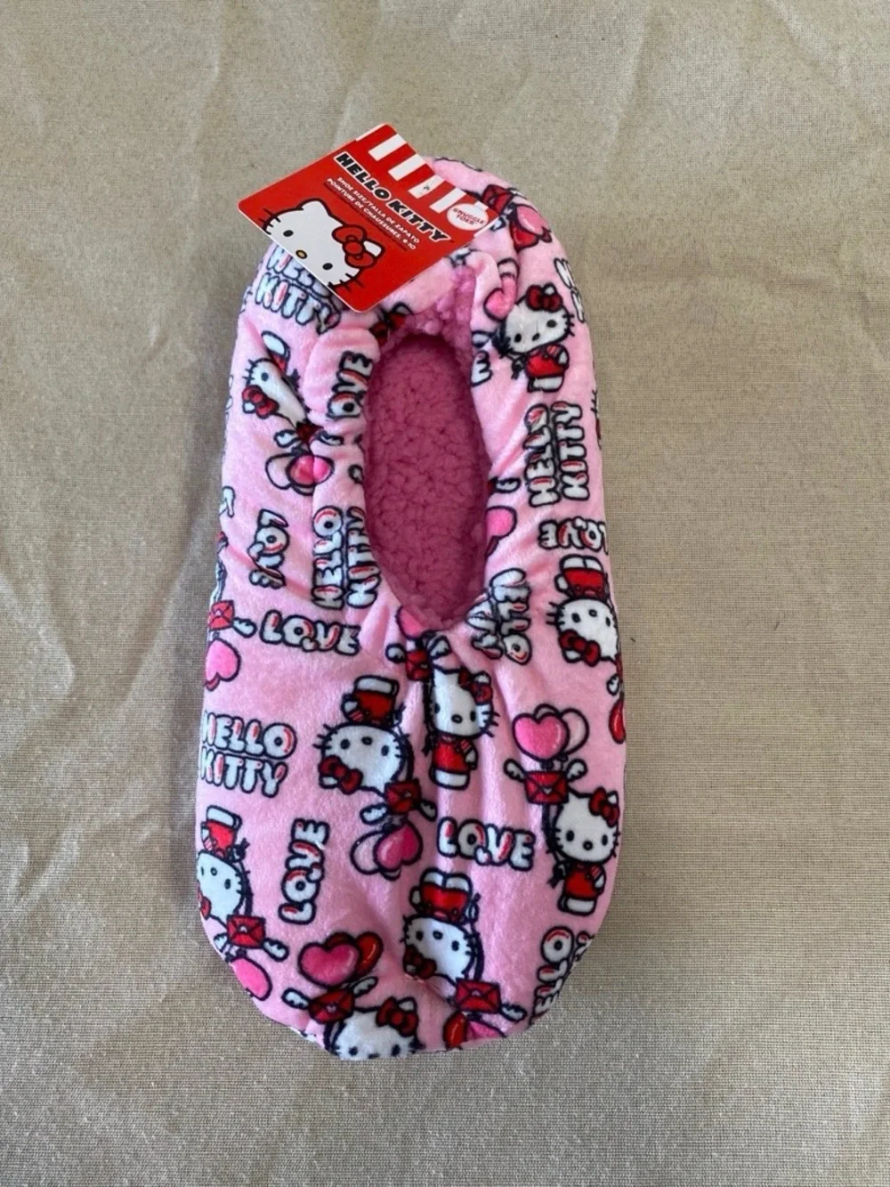 Hello Kitty Pink Fleece Grip Socks with Heart Print